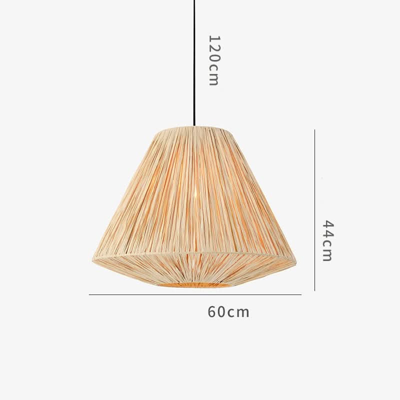 Natural raffia lampshade with a conical shape, beige color, hangs from a cord.